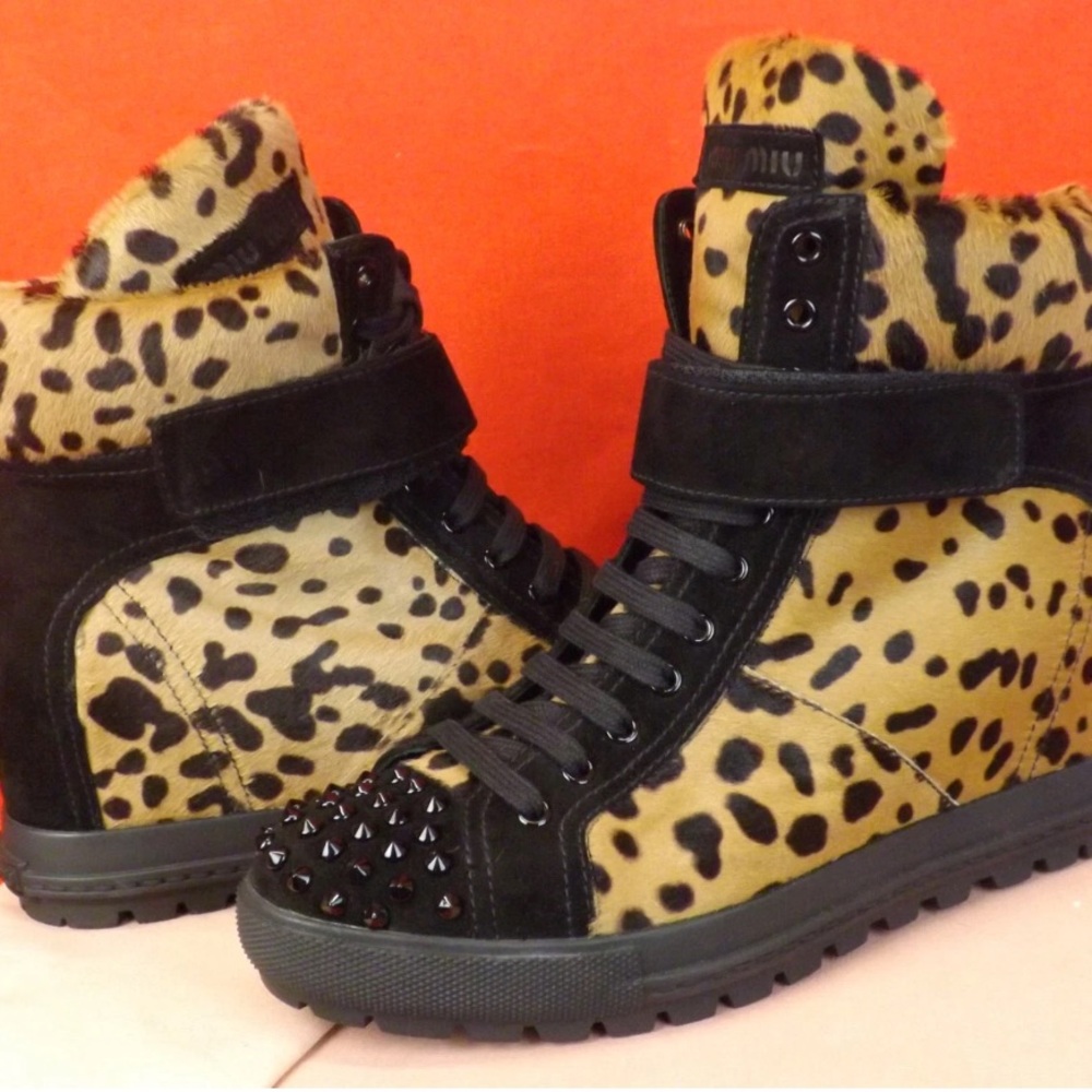 Miu Miu Black and Tan Leopard Sneakers